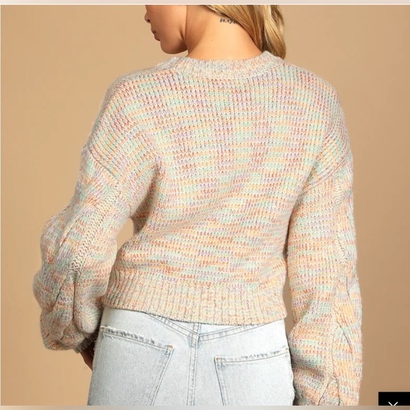 Lulus ivory knit multi colored cropped long sleeve sweater w/ cable knit detail - Picture 3 of 9